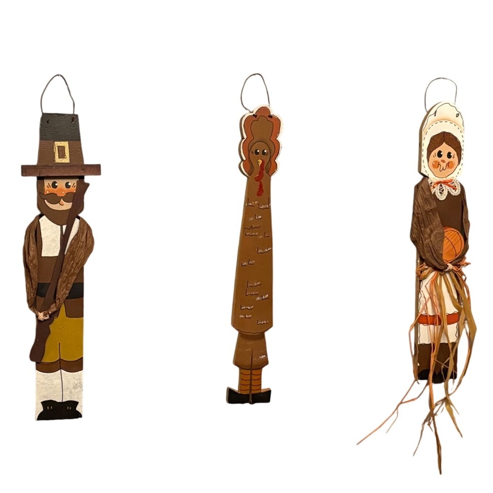 1980s Thanksgiving Pilgrims Turkey Hanging Decorations Set Wooden 2 feet tall